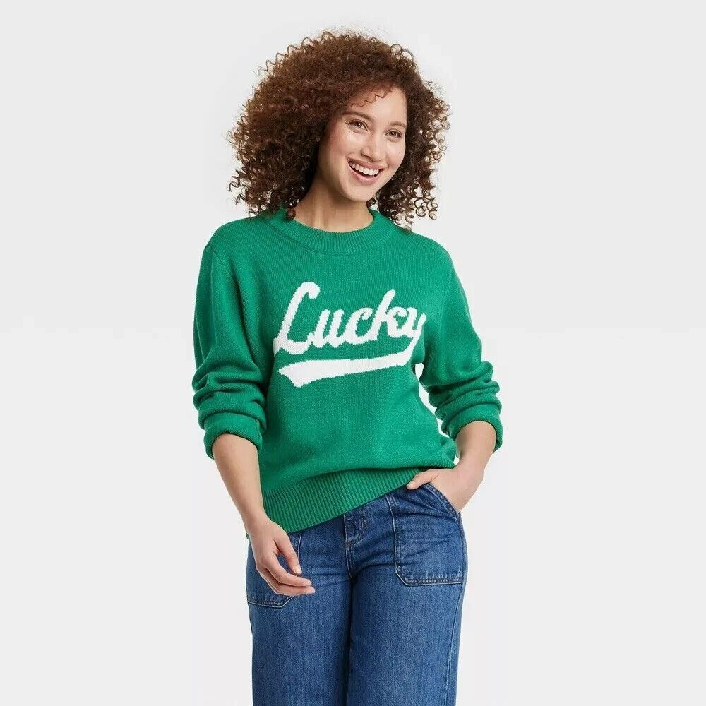 Grayson Threads St Patrick's Day LUCKY Graphic Sweater Green Womens XS -NEW